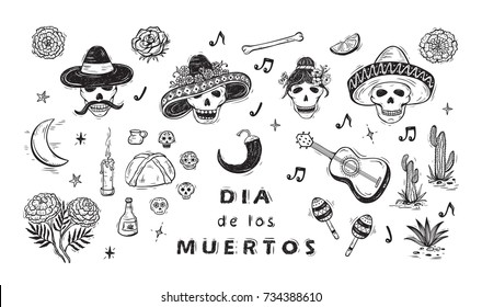 Mexico Vector Set. Dia de los Muertos. Day of the Dead. Mexican Holiday Symbols: Mexican Skulls, Food, Pan de Muerto, Sugar Skulls, Marigold Flowers, Guitar, Cactus