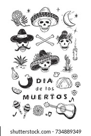 Mexico Vector Set. Dia de los Muertos. Day of the Dead. Mexican Holiday Symbols: Mexican Skulls, Food, Pan de Muerto, Sugar Skulls, Marigold Flowers, Guitar, Cactus