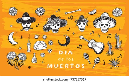 Mexico Vector Set. Dia de los Muertos. Day of the Dead. Mexican Holiday Symbols: Mexican Skulls, Food, Pan de Muerto, Sugar Skulls, Marigold Flowers, Guitar, Cactus