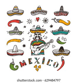 Mexico Vector set. Hand drawn doodle Mexican man with Guitar, Sombrero, Pepper Chili, Nachos and word Mexico. Cinco de Mayo greeting card