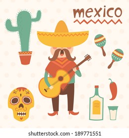 Mexico vector set. Illustration of Mexican playing the guitar