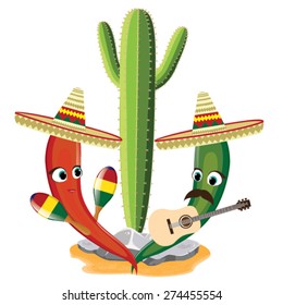 Mexico vector set. Illustration of Mexican playing  guitar and maracas.