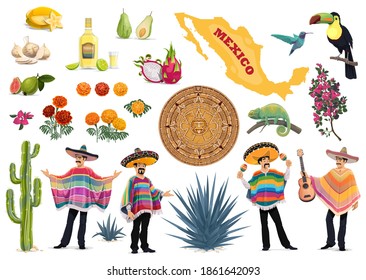 Vector mexicano con comida, cultura y símbolos de viaje mexicanos. Cactus, guitarra, sombrero y tequila, mexicanos con poncho, maracas, mapa, solares aztecos y agave, tocan y colibrí