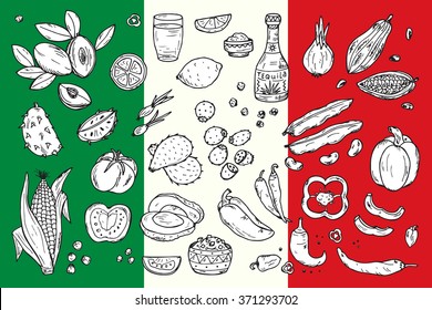 Mexico Vector set. Mexican Food - Hand drawn doodle Fresh Fruits, Vegetables, Tequila
