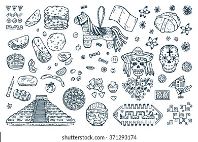 Mexico Vector set. Mexican items - Hand drawn doodle Mexican sights, cultural artifacts, Day of the Dead Attributes, patterns, food