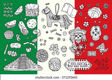 Mexico Vector set. Mexican items - Hand drawn doodle Mexican sights, cultural artifacts, Day of the Dead Attributes, patterns, food