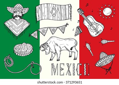 Mexico Vector set. Mexican items - Hand drawn doodle Mexican man, ponchos, sombrero, guitar, rodeo, bull, lasso