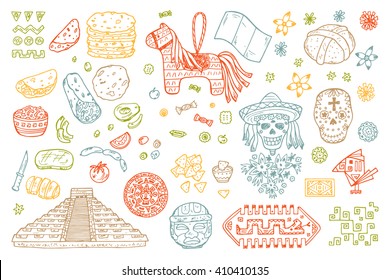 Mexico Vector set. Mexican items - Hand drawn doodle Mexican sights, cultural artifacts, Day of the Dead Attributes, patterns, food