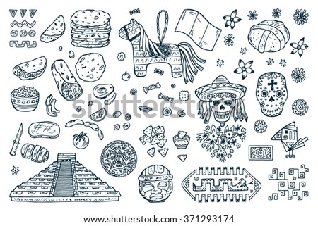 Mexico Vector set. Mexican items - Hand drawn doodle Mexican sights, cultural artifacts, Day of the Dead Attributes, patterns, food