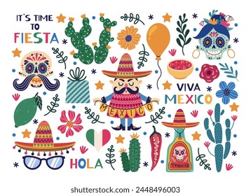 Mexico vector set. Symbols of North America - sombrero, tequila and lime, sugar skull, cactus, man with a festive garland, salsa. Celebrating Cinco de Mayo, fiesta, carnival. Cartoon doodle clipart