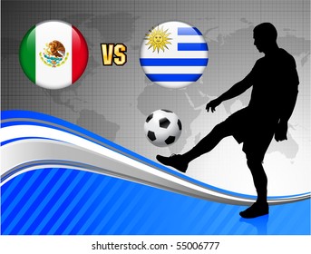 Mexico versus Uruguay on Blue Abstract World Map Background Original Illustration