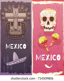 Mexico vertical banners with aztec mask festival native symbols and music accessories flat vector illustration