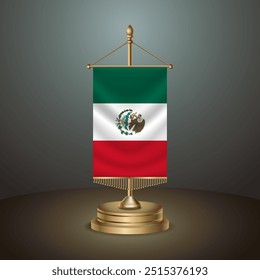 Bandera de mesa de Vertical de México con poste dorado sobre fondo degradado oscuro, Ilustración vectorial de Anuncio de Plantilla
