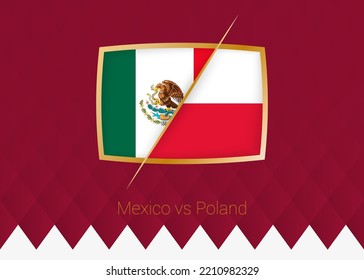 Mexico vs Poland, group stage icon of football competition on burgundy background. Vector icon.