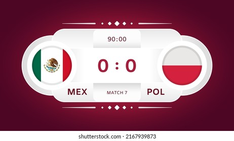 Mexico vs Poland Match. Football 2022. World Football Championship Competition infographic. Group Stage. Group C. Poster, announcement, game score. Scoreboard template. Vector illustration