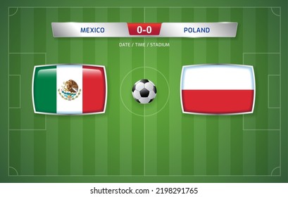 Mexico vs Poland scoreboard broadcast template for sport soccer tournament and football championship 2022 in qatar vector illustration