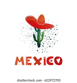 Mexico. Watercolor cactus in a sombrero. Cute cartoon lettering. Flat illustration isolate on white background. Print for the Mexican holiday and celebration of festivals. Vector illustration