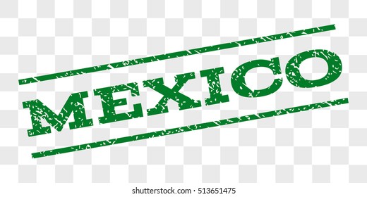 Mexico watermark stamp. Text tag between parallel lines with grunge design style. Rubber seal stamp with unclean texture. Vector green color ink imprint on a chess transparent background.
