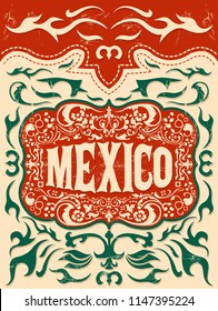 Mexico western style, mexican theme vector poster card, elements set