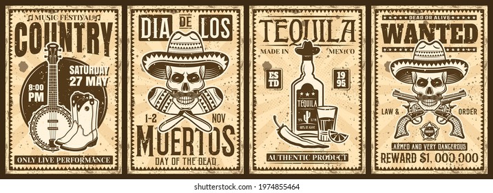 Mexico and wild west thematic set of four vector vintage posters with grunge textures