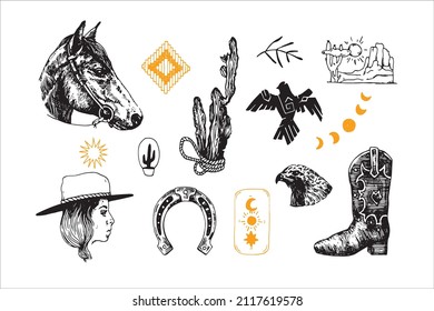 Mexico and wild west vector items set. Girl in a hat, cactus, horse, boots, eagle and more.