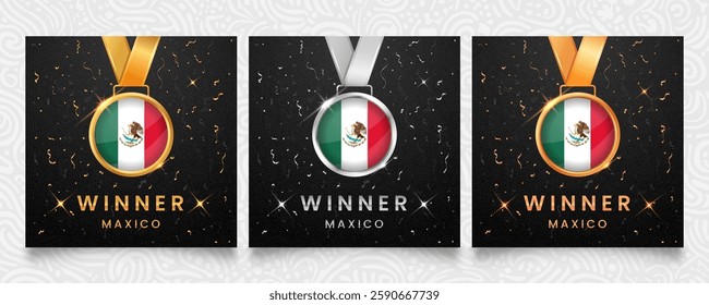 Mexico Winner set. Medals featuring the flag design, displayed on a dark background with gold and silver confetti accents and sparkling highlights.