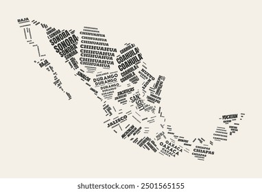 Mexico Word Cloud. Country with regions division. Mexico typographic text clouds vector image design. Vintage gazette style country shape image. Awesome vector illustration.