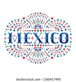 Mexico word and Mexican embroidery motif. Festive design element with fiesta style folk art pattern. Western shapes of text. Colorful ethnic vector design.