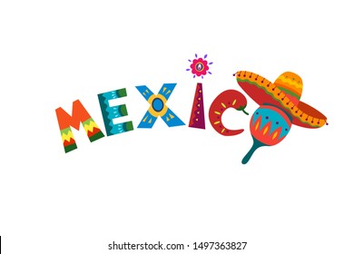 Mexico word in Mexican traditional ornament text for festive card or invitation in country. Bright design element sun with fiesta style chilli and sombrero. Colorful ethnic vector design illustration