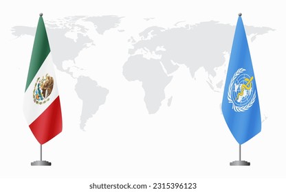 Mexico and World Health Organization flags for official meeting against background of world map.