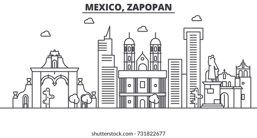 Mexico, Zapopan architecture line skyline illustration. Linear vector cityscape with famous landmarks, city sights, design icons. Landscape wtih editable strokes