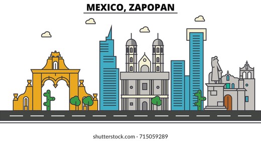 Mexico, Zapopan. City skyline, architecture, buildings, streets, silhouette, landscape, panorama, landmarks, icons. Editable strokes. Flat design line vector illustration concept