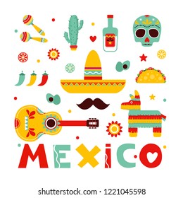 Mexico.Colorful stylish vector illustration set Mexico. Set with symbols of Mexico Mexican guitar, mustache, tequila, pepper, skull, Mexican maracas, pinata, tacos.Original illustration and design.