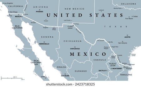 Mexico-United States border, gray political map. International border between countries Mexico and USA, with states, capitals, and most important cities. Most frequently crossed border in the world.