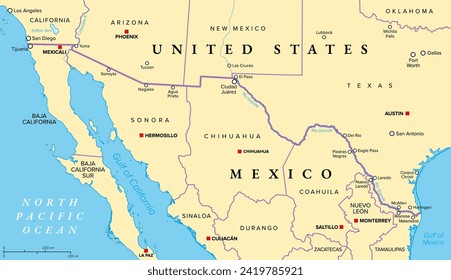 Mexico-United States border political map. International border between the countries Mexico and the USA, with states, capitals, and most important cities. Most frequently crossed border in the world.