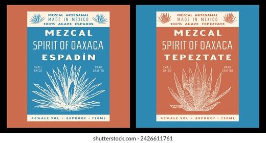 Mezcal label design template, espadin and tepeztate - agave plant vintage illustration