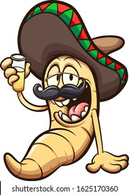 Gusano mezcal o tequila sentado borracho con una gran sonrisa y con un sombrero mexicano. Ilustración de dibujos animados vectoriales con gradientes simples. Todo en una sola capa.
