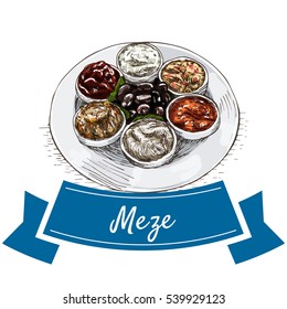 Meze colorful illustration. Vector illustration of turkish cuisine.