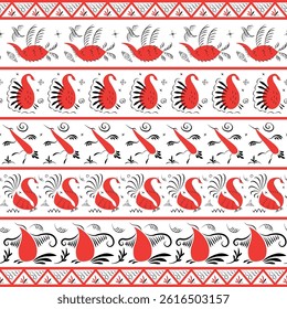 Mezen bird ornamental border set. Russian northern art vector. Seamless pattern