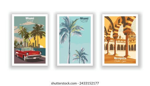 Mezquita, Cordoba, Spain. Miami, USA - Set of 3 Vintage Travel Posters. Vector illustration. High Quality Prints