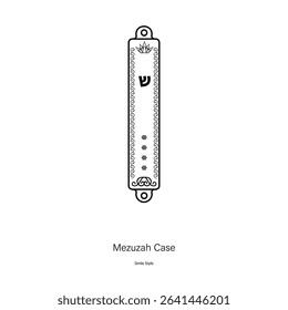 Mezuzah case in clean minimalist black line art on white background. Ideal for educational materials, Judaica-themed prints, cultural posters, synagogue decor and spiritual or heritage design projects