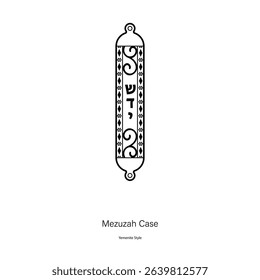 Mezuzah case in traditional Yemenite-style black line art on white background. Ideal for educational materials, Judaica prints, cultural posters, synagogue decor, and religious design projects
