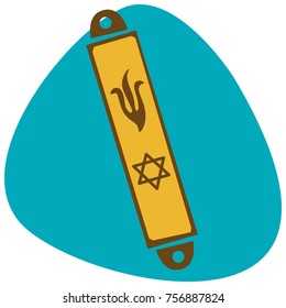 Mezuzah golden case with the Hebrew symbols and the Star of David. Isolated on green background.