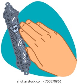 Mezuzah with the Hebrew symbols affixed to door frame with hand. The Hebrew letter (Shin), for Shaddai. Silver mezuzah case isolated on blue background.