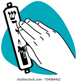 Mezuzah with the Hebrew symbols affixed to door frame with hand. The Hebrew word Shaddai. Black and white mezuzah case isolated on blue background.