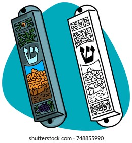 Mezuzah with the Hebrew symbols. Black and white and Silver mezuzah case with color enamel decoration. Isolated on blue background.