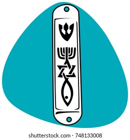 Mezuzah with the Hebrew symbols. Hebrew letter ×© (Shin), the Star of David, Menorah, fish. Isolated on blue background.