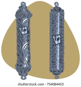 Mezuzah with the Hebrew symbols. The Hebrew letter Shin for Shaddai. Silver mezuzah case isolated on brown background.