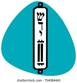 Mezuzah with the Hebrew symbols. The Hebrew word Shaddai, and Torah symbols. Black and white mezuzah case isolated on blue background.