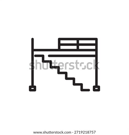 Mezzanine floor icon featuring raised warehouse platform with stairs and safety railing, symbolizing space optimization, industrial storage solutions, facility planning, and logistics efficiency.